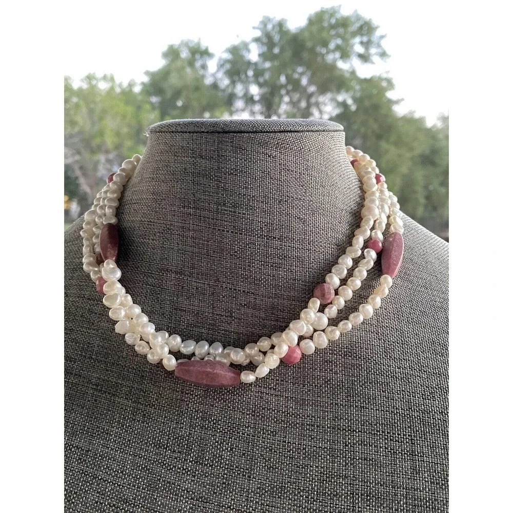 Necklace Pearls Rhodonite Three Strands 17”+3” 925 Findings Artisan